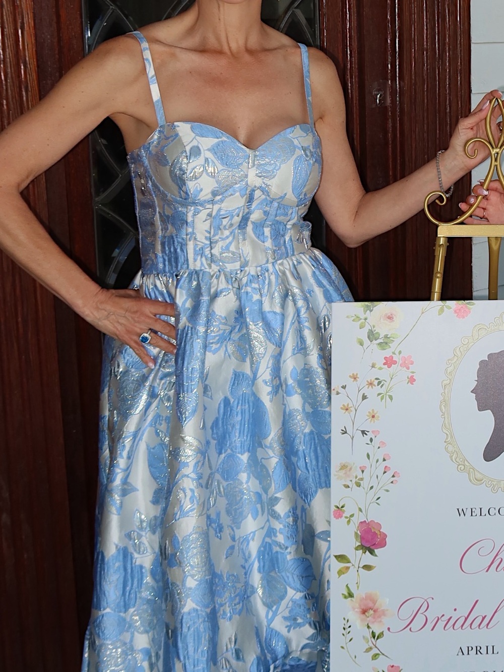 Blue Floral Satin Fit-and-Flare Dress